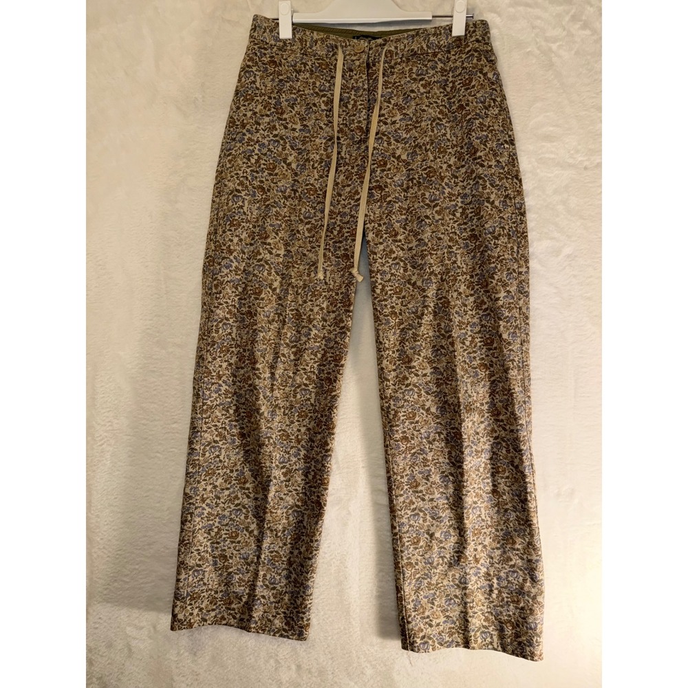 Eddie Bauer Floral Pants Womens 6 Tan Blue Cotton Drawstring Wide Leg
